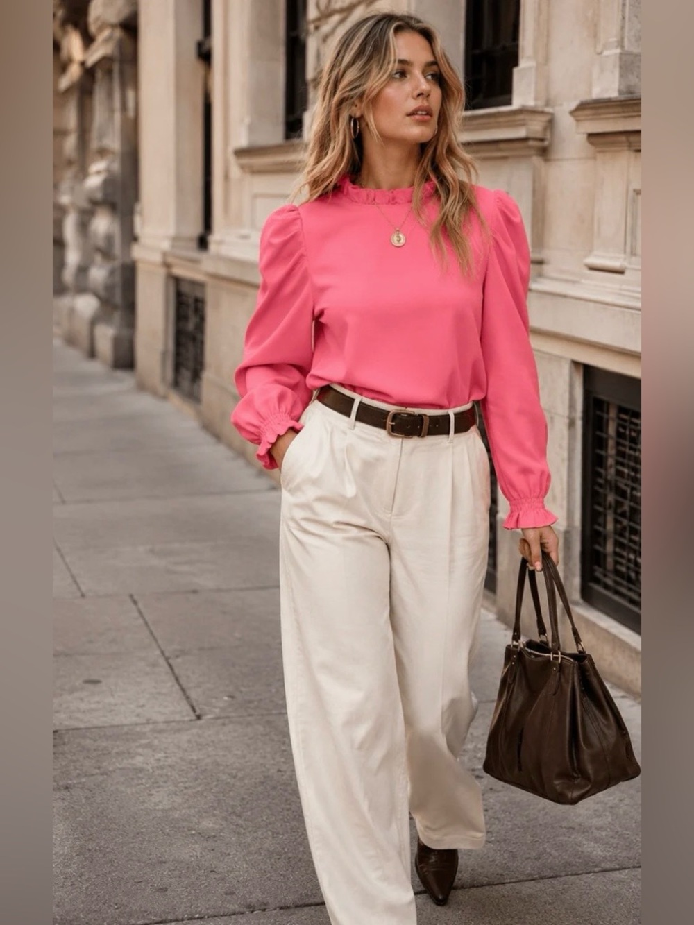 Pink Ruffle Neck Blouse NWT | Long Puff Sleeves • Feminine Flowy • Size Small